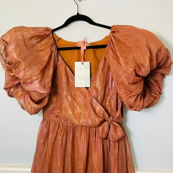 JessaKae Pixie Dress Puff Sleeve Ruffled Gown Bronze NWT Medium NEW - Picture 4 of 9